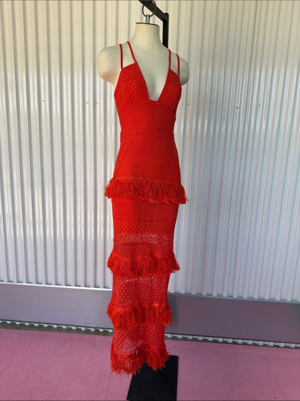 Boohoo Orange/Dark Peach One-Shoulder Crochet Fringe Maxi Dress
